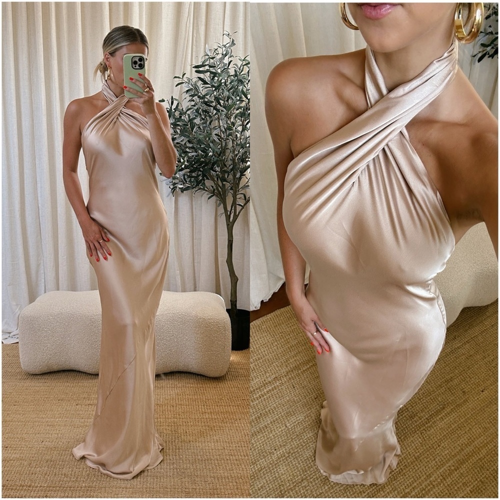 Show Me Your MuMu Halter Satin Maxi Dress in Beige